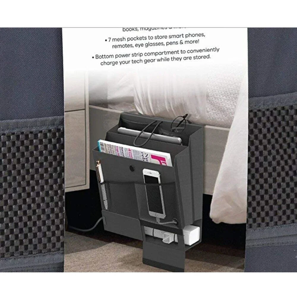 Grey Bedside Caddy Organizer Mattress Flap Hanging Power Strip Charging Pouch